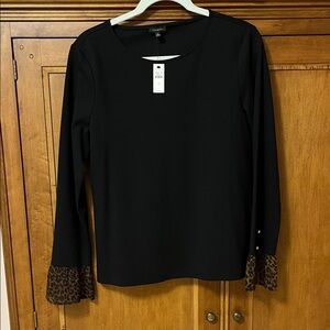 Talbots Black Long Sleeve Top with Leopard Ruffle Cuffs